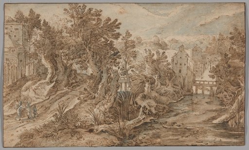 Village Scene with a River and Wooden Bridge