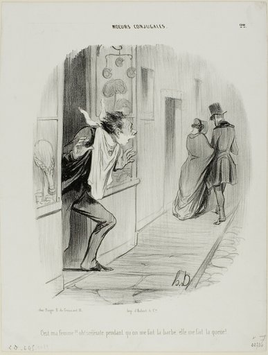 “There goes my wife!! Oh, the wretch, while I'm having a shave she's making a cuckold of me!,” plate 22 from Moeurs Conjugales