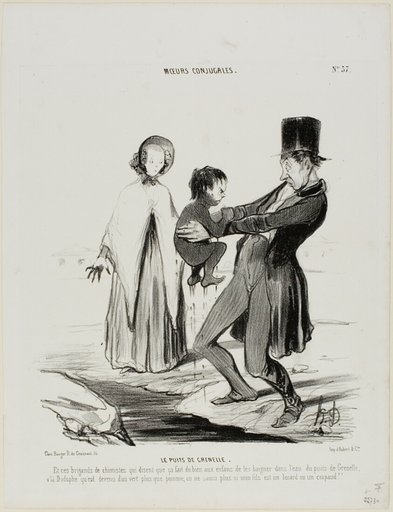 The Wells of Grenelle. “And these scoundrels of chemists are claiming that it is good for children to bathe in the wells of Grenelle! Here is Dodolphe who has turned more green than an apple.... one hardly knows whether he is a lizard or a toad,” plate 37 from Moeurs Conjugales