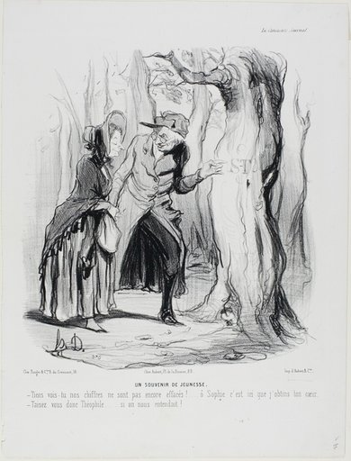 Youthful Memories. “- You see our letters have not yet been erased... oh Sophie, it was here that I gained your heart. - Hold your tongue now, Théophile.... if someone should hear us!,” plate 49 from Married Life