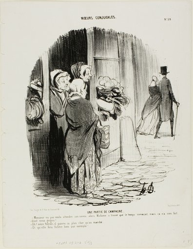 Country Amusement. “- Monsieur did not want to wait for his nephew; and Madame thought it might soon start raining, but he didn't really bother. - What an old miser! - Don't you worry, Mother Poirier, he'll pay dearly for that... more than the market price! - And right she is isn't she!,” plate 59 from Moeurs Conjugales