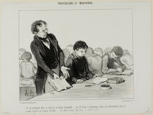 “- Now I understand why this chap was so quiet all the time..... instead of reading quietly in his Greek dictionary, he was indulging in a novel by de Kock.... Oh my God.... where is this all going to end!!,” plate 22 from Professeurs Et Moutards