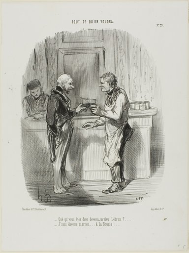 “- Whatever became of you, Mr. Brown? - I became an unlicensed broker at the Stock Exchange...,” plate 29 from Tout Ce Qu'on Voudra