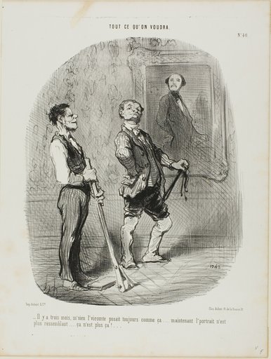 “- Three months ago, the Count sat model like that.... nowadays there is no more similarity..... everything seems to be wrong,” plate 40 from Tout Ce Qu'on Voudra