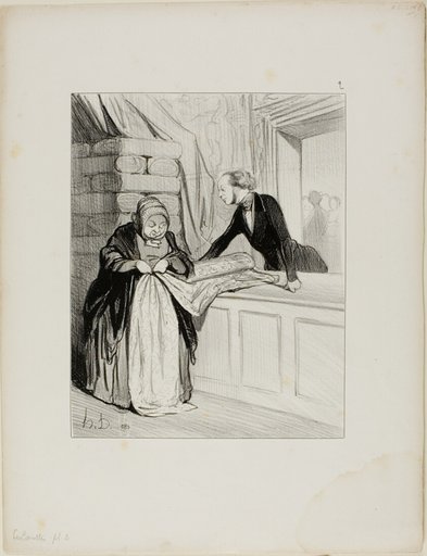 The Salesman's Hoax. – A Design Out of Fashion. "This kind of fabric has a delightful shade; Madame is the first to whom I have shown it.... all our young women are going to tear each other apart for it. What a charming design.... it would look marvellous on such an elegant form.... you absolutely need this, Madame," plate 2 from Les Carottes