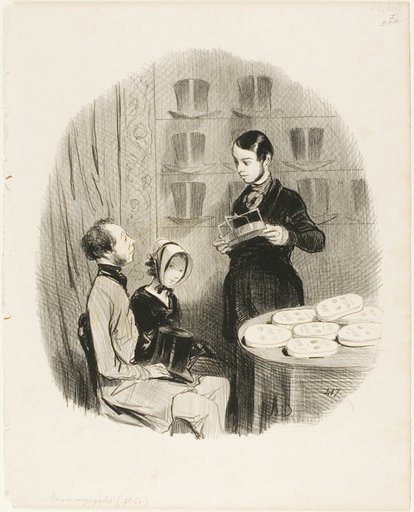 The Jayotype. "- Mr. Jay: The gentleman is married? - The gentleman: Certainly, but how the devil did you know that? - Mr. Jay: Oh, its that this instrument is perfect, that no curve of the head, no bump on the forehead can escape it. - The gentleman: How ingenious!," plate 60 from Moeurs Conjugales