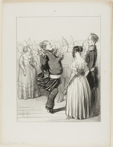 Rifolard opens the ball and executes a bold dancing step forward, which receives widespread praise, plate 5 from Les Banqueteurs