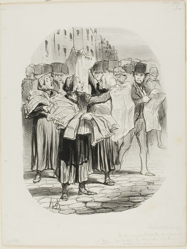 The Disadvantage of Buying a Newspaper That is Publishing the News Twelve Hours Before the others. “- How come I buy your paper and cannot find the news of today? - Sir, today's news was in yesterday's paper,” plate 139 from Actualités