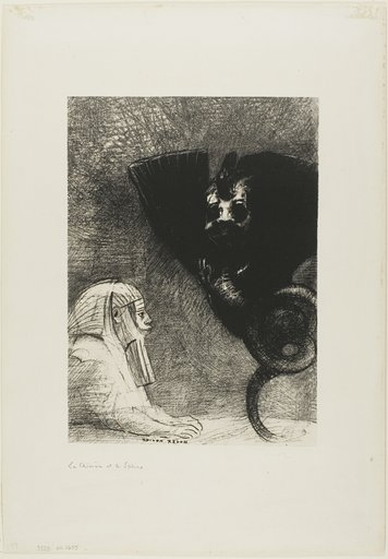 The Sphinx: "...my gaze that nothing can deflect, passing through objects, remains fixed on an inaccessible horizon." The Chimera: "As for me, I am light and joyful," plate 5 from To Gustave Flaubert