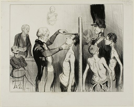 The Recruiting Board. “Isn't it a glorious sight: these noble young Frenchmen full of ardour, strength and elegance ready to defend their honour under the flags of Mars,” plate 35 from Caricatures Du Jour