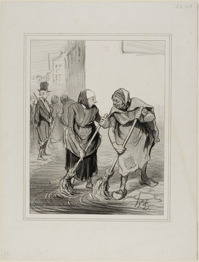 “- Say then, Madme. Giboulard … don't you agree that it is not very pleasant for women of our gender, to come down like this everyday, cleaning the gutters of St. Honoré … - That's true, Madame Chaffarou, but we can also praise ourselves of being the only ones to embellish Paris!,” plate 75 from Caricatures Du Jour