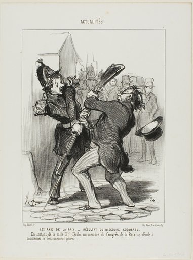 The Friends of Peace - Result of a Speech By Coquerel. On leaving the ward of Saint Cécilia, a member of the peace congress decided to start general disarmament, plate 7 from Actualités