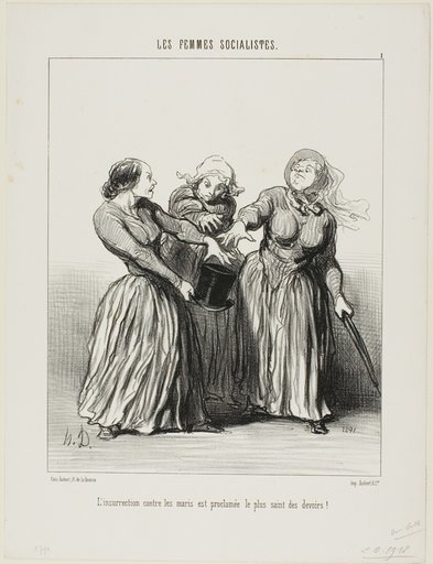 Insurrection against husbands is proclaimed as being the first and holiest duty in life!, plate 1 from Les Femmes Socialistes