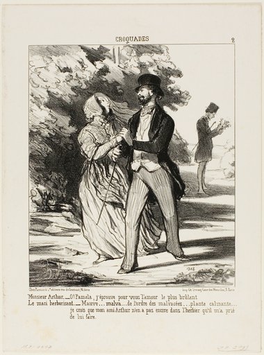 Monsieur Arthur: “- Oh Pamela! I am burning with love for you!” The husband herbalist: “- A mallow... of the family of Malvaceae... a sedative... I don't believe my friend Arthur has this specimen in the herbarium he asked me to build for him,” plate 2 from Croquades