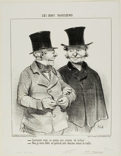“- You are not wearing a Talma yet? - No, I remain loyal to the overcoat, it's more flattering to my waistline,” plate 1 from Les Bons Parisiens