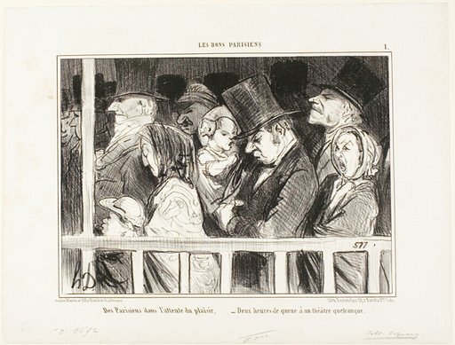 Parisians looking forward to some fun. Queuing up for two hours in front of any theater in town, plate 1 from Les Bons Parisiens