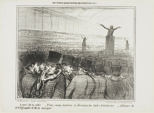 View of the grand hall. Map, height and view from front of the conductor. Grand alliance between telegraph and music, plate 1 from Souvenir Du Grand Festival Des Orphéonistes