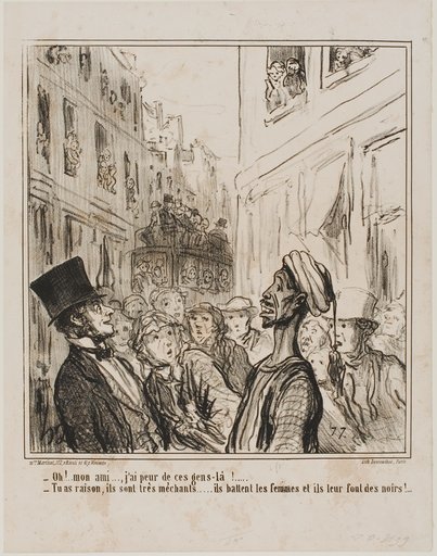 “- Oh, my friend... I am afraid of these people there. - And rightly so... they are quite vicious, they beat their women and make them have black children!,” plate 101 from Actualités