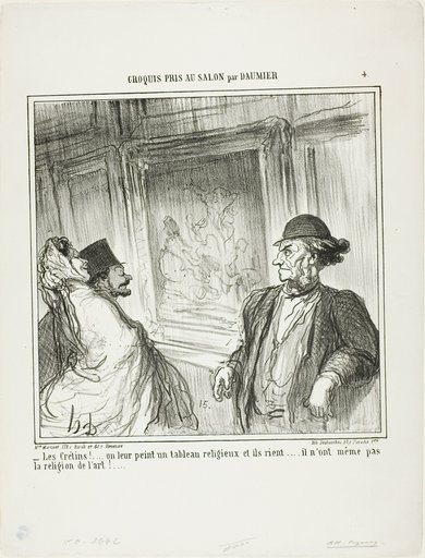 “What idiots! You paint a religious picture for them and they laugh.... they don't even have a devotion to art!...,” plate 4 from Croquis Pris Au Salon par Daumier