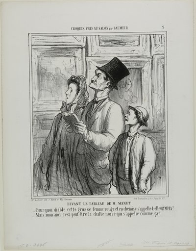 Looking at the Painting of Manet. “- Why the devil is this fat, red-faced woman in her nightdress called Olympia? - But my dear, perhaps that's the name of the black cat," plate 9 from Croquis Pris Au Salon par Daumier