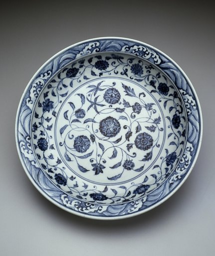Dish with Scrolling Flowers and Breaking Waves