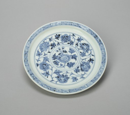 Dish with Peony Scrolls and Chrysanthemum Spray, and Lotus Panels on Reverse