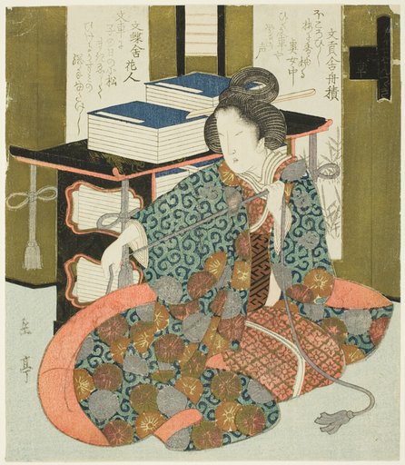 A Woman Pulling the Cord of a Wheeled Book Case, from the series "A Set of Seven for the Katsushika Club"
