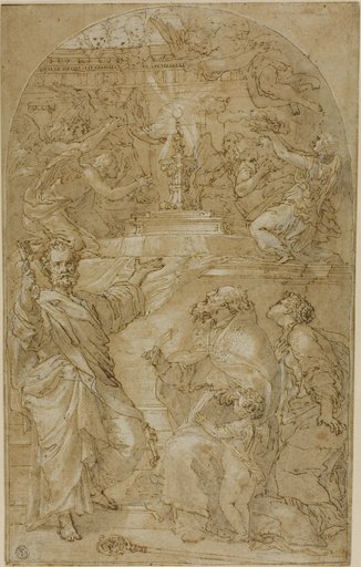Saint Peter, Saint Augustine and a Female Saint in Adoration of the Eucharist