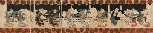 Dancing Courtesan and a Man (possibly poet Hisakataya), Two, from the pentaptych series of "Furuichi Dance Performance (Furuichi odori)" for the Hisakataya Poetry Club