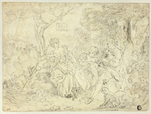 Shepherdesses and Young Man Playing Bagpipe