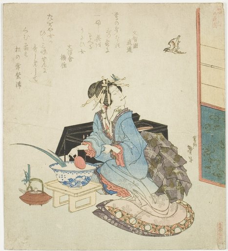Geisha looking up at a cuckoo, from the series "Five Annual Festivals for the Katsushika Circle (Katsushika gosekku)"