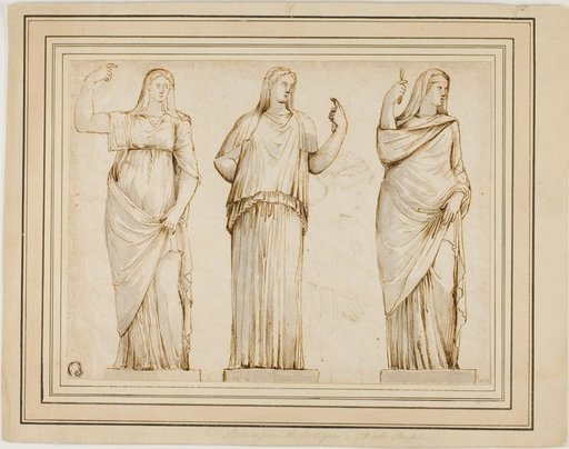Three Roman Statues of Draped Female Figures and Sketch of Another Statue in Profile to Right