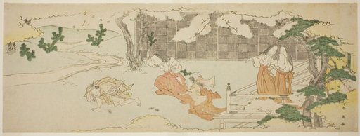 Court Ladies on a Balcony Watching a Woman and a Girl Chasing a Man in the Yard under Blossoming Cherry Trees