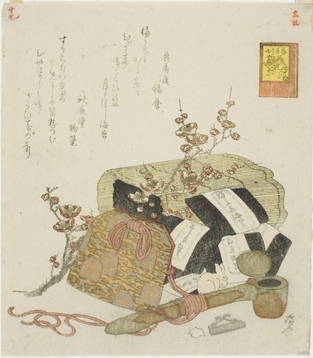 Seaweed, portable writing case, and plum branch, no. 5 from the series "The Rabbit's Boastful Exploits (Usagi tegarabanashi)"