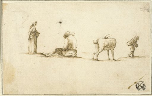 Sketches of Standing Woman, Seated Man, Goat, and Man Carrying Box on Back