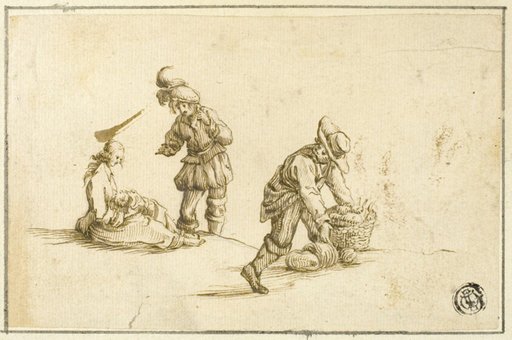 Resting Mother and Child, and Two Men, One Lifting Basket