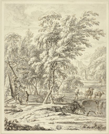 Italianate Landscape with Figures Crossing Bridge