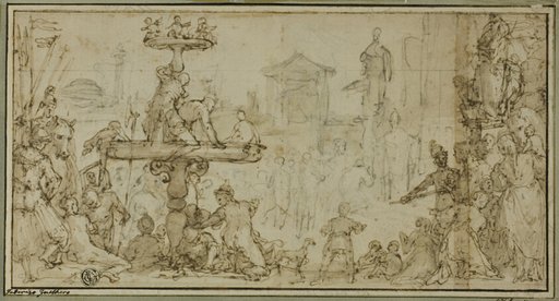 A Pope Receiving a Dignitary in a Public Place (recto) Caricatures of Heads (verso)