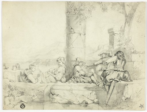 Children, Woman with Infant and Three Soldiers Sitting Among Ruins by Lake