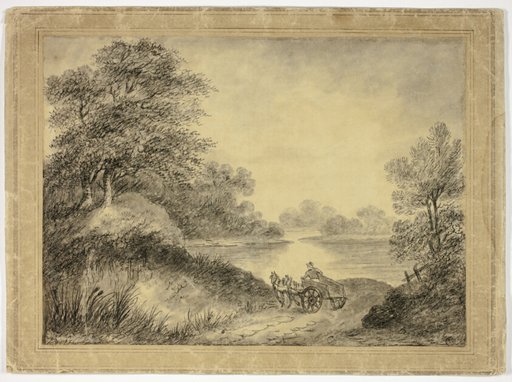 Man in Horse-Drawn Cart Beside Lake