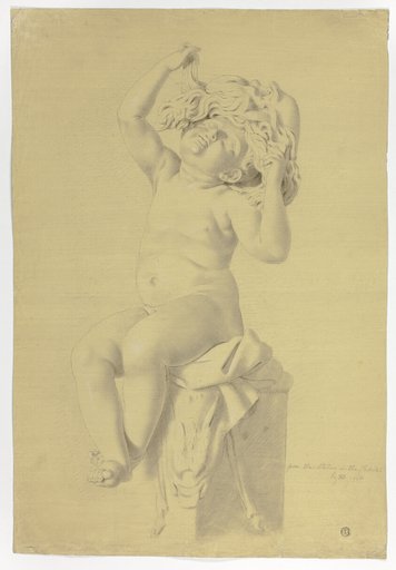 Antique Statue of Seated Putto Holding Mask of Silenus