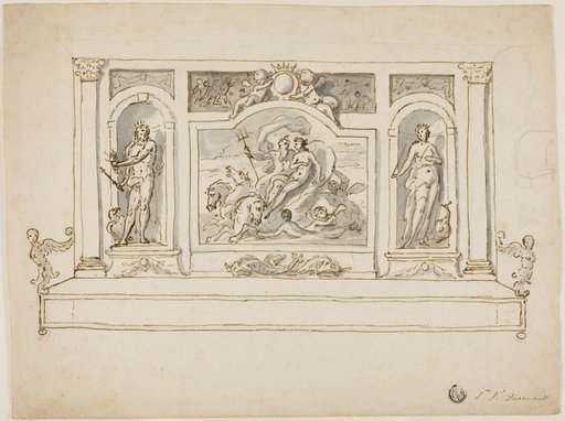 Neptune and Amphitrite Flanked by Jupiter and Juno: Design for Painted Hall or Garden Bench