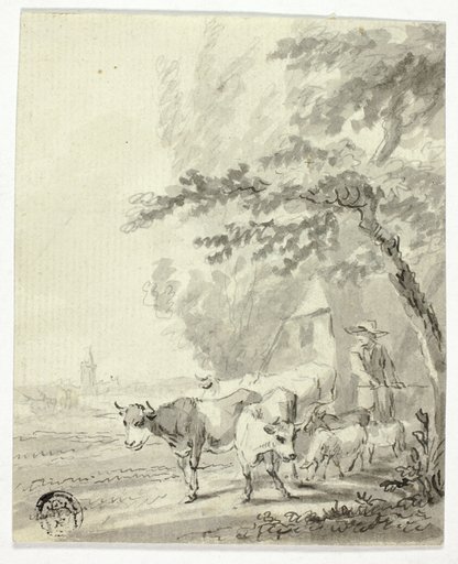 Man Herding Cows and Sheep