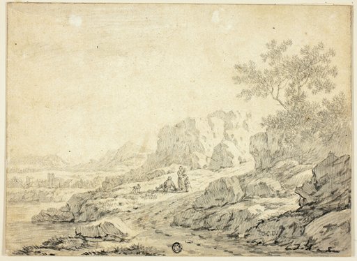 Rocky Landscape with Figures and Dog on Path