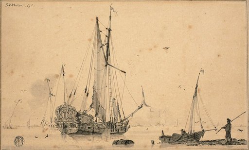 Harbor Scene with Ships and Fisherman