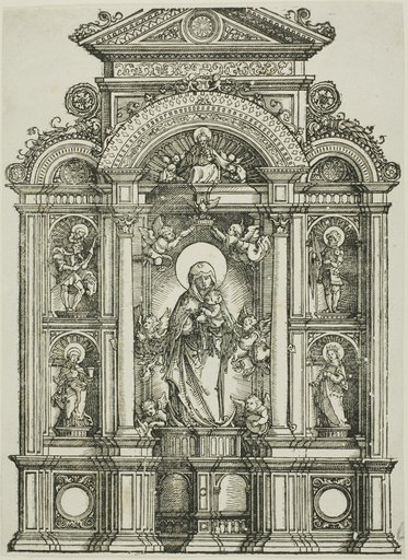 Altarpiece with the Beautiful Virgin of Regensburg and Saints Christopher, Mary Magdalen, Florian and Catherine Standing in Niches, with God the Father Above