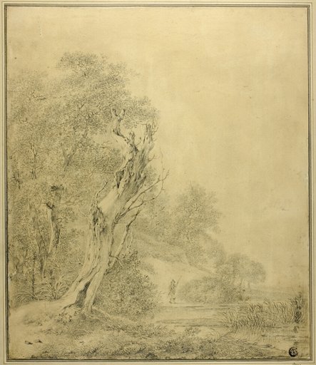 Dead Tree at Water's Edge, Figure Approaching with Pole