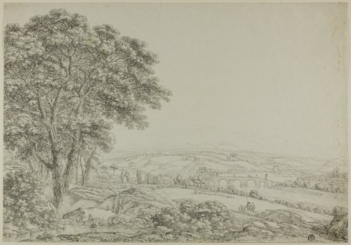 Wooded Pond with Bathing Figures, Vista of River Bridge, and Farms