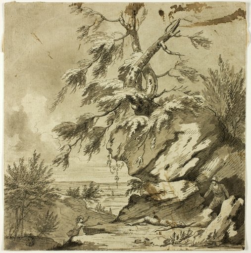 Dead Man, Brigand and Fleeing Child on Rocky Bluff