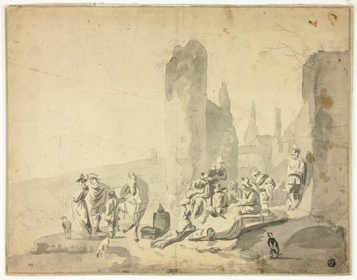 Harborside Scene with Various Figures